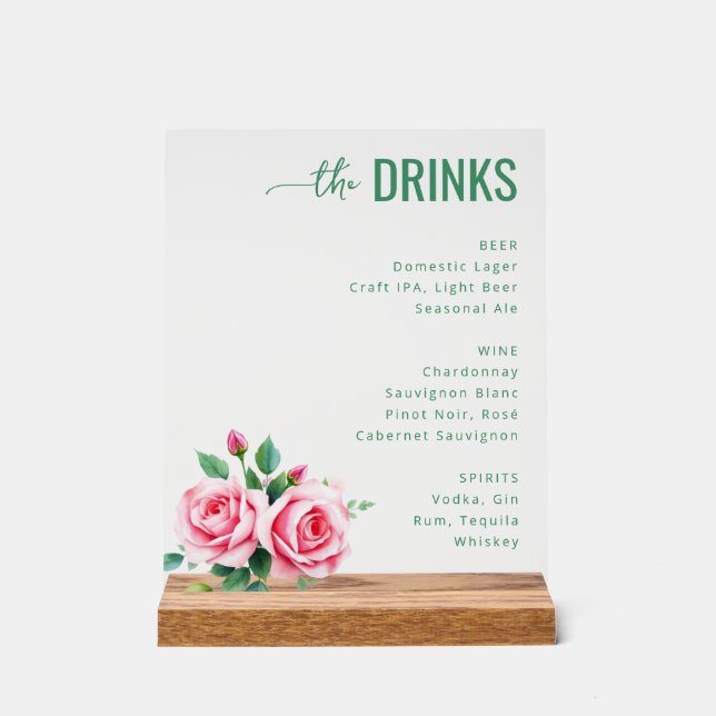 Sophisticated Black Floral Beverage Menu Acrylic Sign (Front)