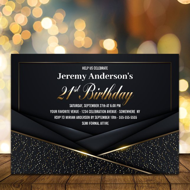 Sophisticated Black Gold 21st Birthday Party Invitation (Creator Uploaded)