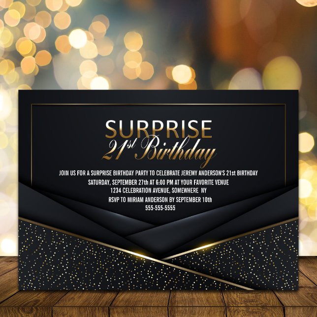 Sophisticated Black Gold 21st Surprise Birthday Invitation (Creator Uploaded)