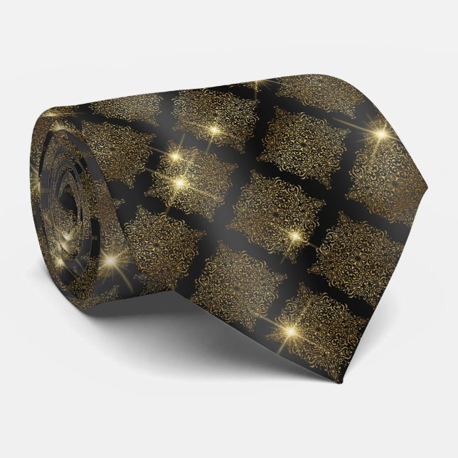 Sophisticated Black Gold Diamond Mens Neck Tie (Rolled)