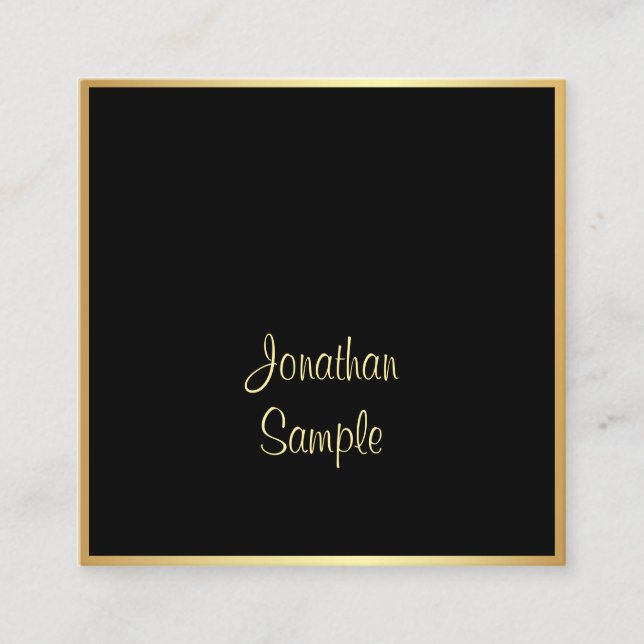 Sophisticated Black Gold Handwritten Script Font Square Business Card (Front)