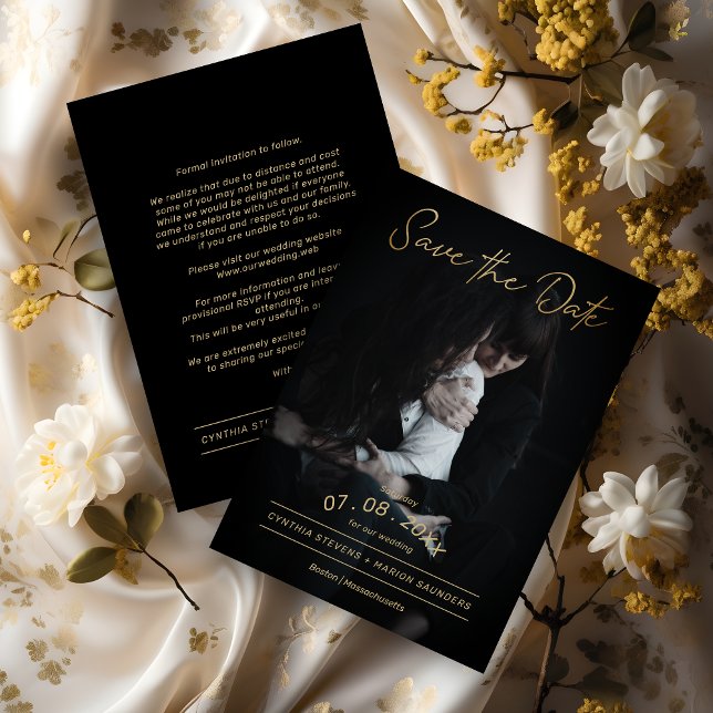 Sophisticated Black & Golden Script Photo  Wedding (he Sophisticated Black & Golden Script Photo Couple Wedding Save the Date card.)