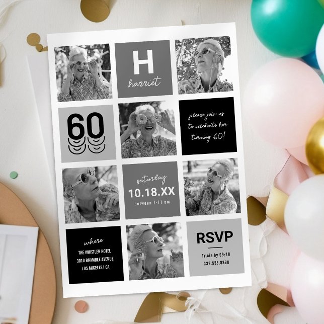 Sophisticated Black Grey 60th Photo Invitation (Creator Uploaded)