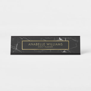 Sophisticated Black Marble and Gold Texture Desk Name Plate