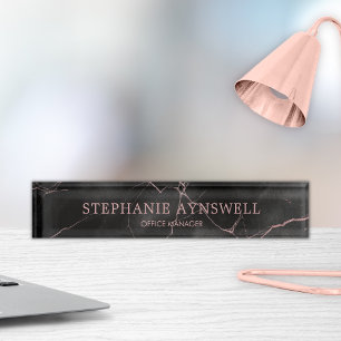Sophisticated Black Marble Rose Gold Nameplate