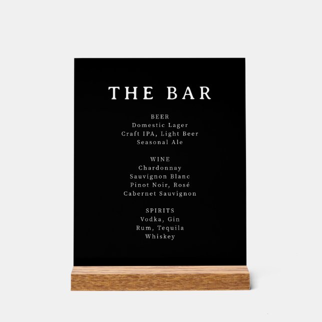 Sophisticated Black Serif Bar Menu Sign (Front)