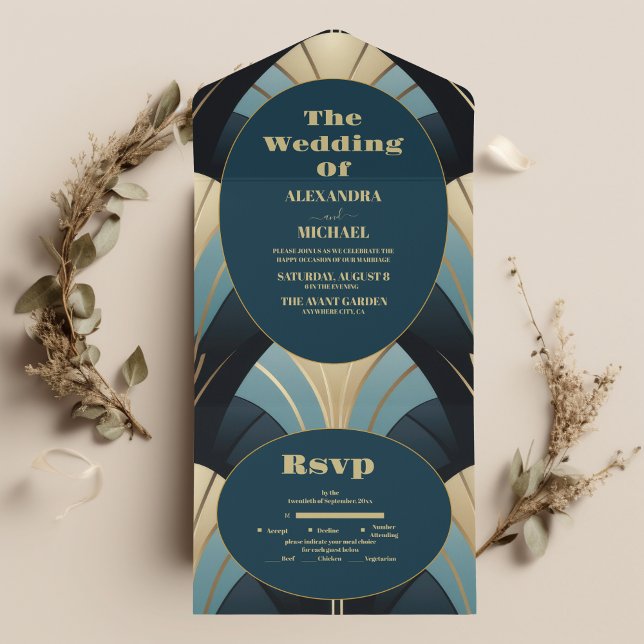Sophisticated Blue and Gold Art Deco Wedding  All In One Invitation (Creator Uploaded)