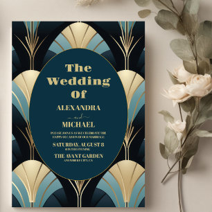 Sophisticated Blue and Gold Art Deco Wedding  Invitation