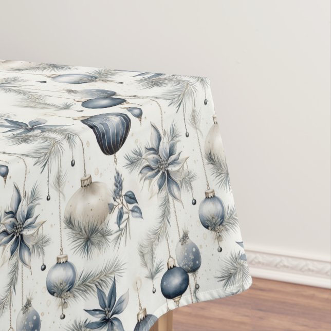 Sophisticated Blue Beige & Gold Christmas Tablecloth (In Situ)