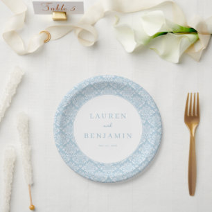 Sophisticated Blue Damask Paper Plate
