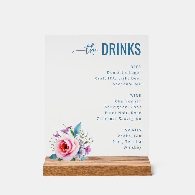 Sophisticated Blue Floral Beverage Menu Acrylic Sign (Front)