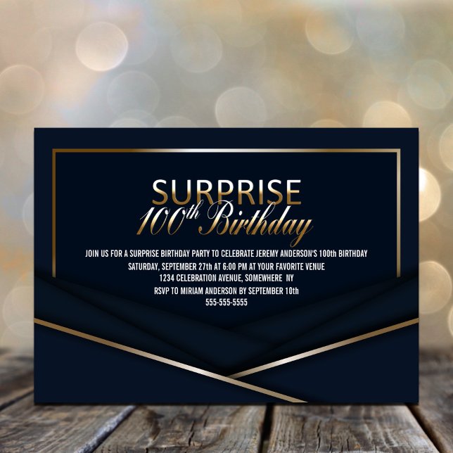 Sophisticated Blue Gold 100th Surprise Birthday Invitation (Creator Uploaded)