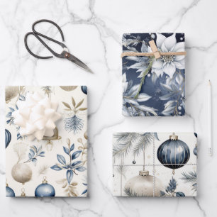 Sophisticated Blue & Gold Christmas Pattern Wrapping Paper Sheet