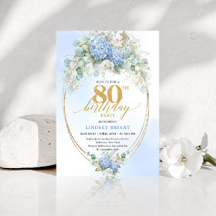 Sophisticated Blue Hydrangea Floral 80th Birthday  Invitation