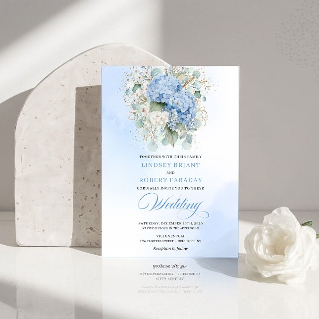 Sophisticated Blue Hydrangea Gold Wedding Invite (Sophisticated Blue Hydrangea Gold Wedding Invite)