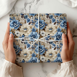 Sophisticated Blue Ivory Floral Luxury Wrapping   Paper