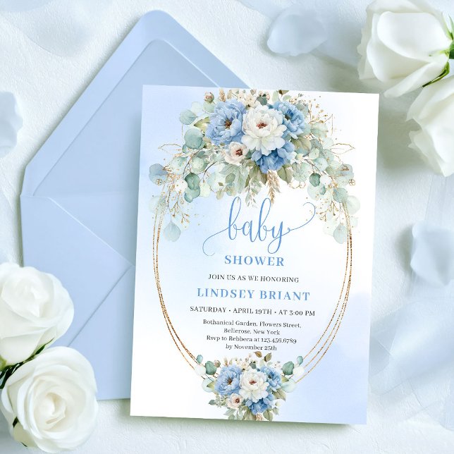 Sophisticated Blue Peonies Eucalyptus Gold Baby  Invitation (Sophisticated Blue Peonies Eucalyptus Gold Baby Shower)