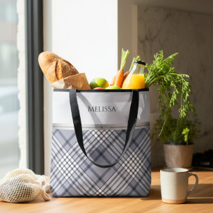 Sophisticated Blue Plaid Luxury Boutique Style Tote Bag