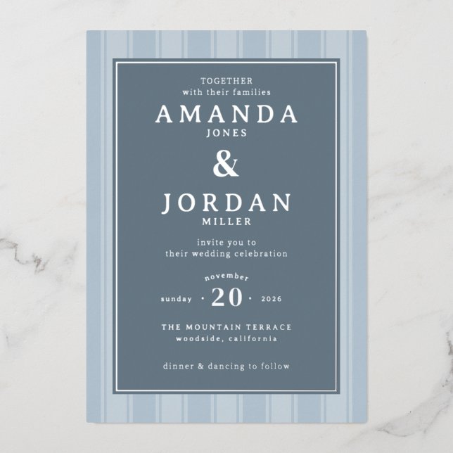 Sophisticated Blue Striped Wedding Invitation (Front)