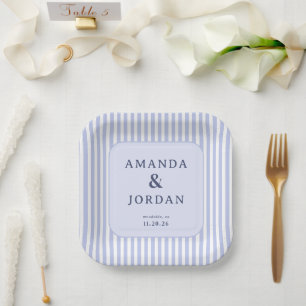 Sophisticated Blue Stripes Label Paper Plate