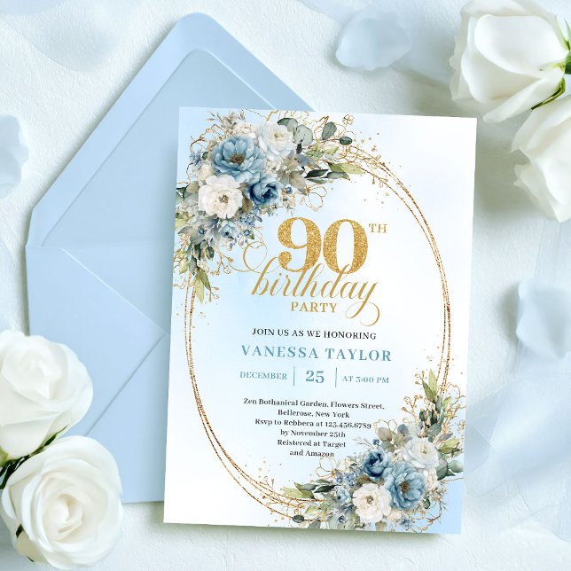 Sophisticated Bohemian Blue Floral Gold 90th Bday Invitation (Sophisticated Bohemian Blue Floral Gold 90th Birthday)