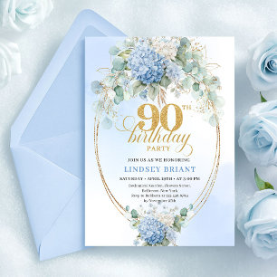 Sophisticated Boho Blue Floral Gold 90th Birthday Invitation