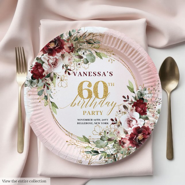 Sophisticated Boho Burgundy Gold Roses 60 Birthday Paper Plate (Sophisticated Boho Burgundy Gold Roses 60 Birthday Paper Plates)