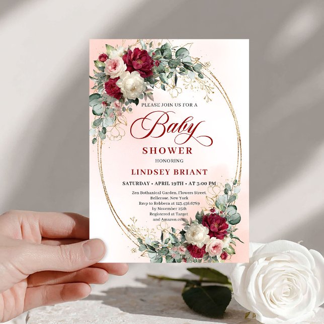 Sophisticated Boho Marsala Floral Gold Baby Shower Invitation (Sophisticated Boho Marsala Floral Gold Baby Shower Invitation)