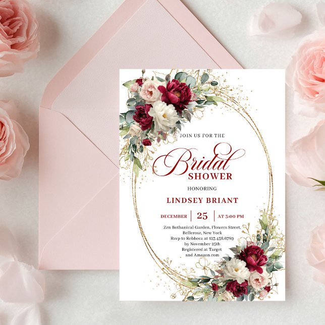 Sophisticated Boho Merlot Roses Gold Bridal Shower Invitation (Sophisticated Merlot Roses Gold Bridal Shower Invitation)