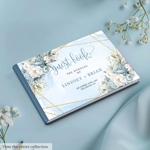 Sophisticated Boho Pastel Blue White Gold Peonies Guest Book
