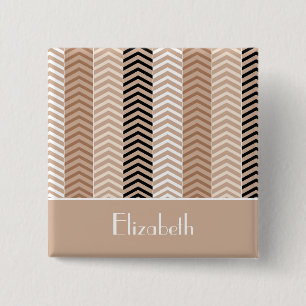 Sophisticated Brown Chevron Stripes With Name 15 Cm Square Badge
