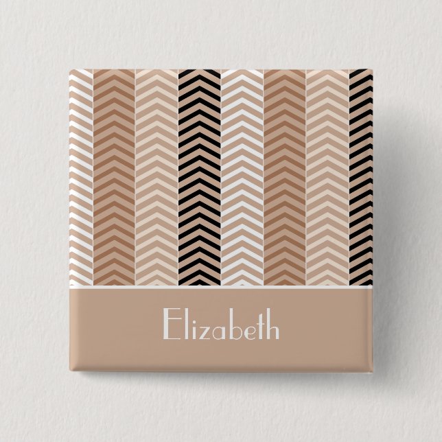 Sophisticated Brown Chevron Stripes With Name 15 Cm Square Badge (Front)