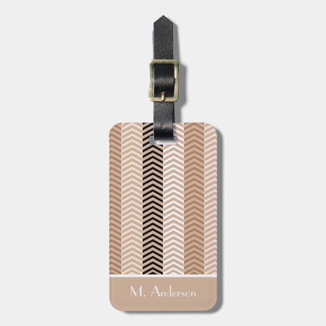 Sophisticated Brown Chevron Stripes With Name Luggage Tag (Front Vertical)