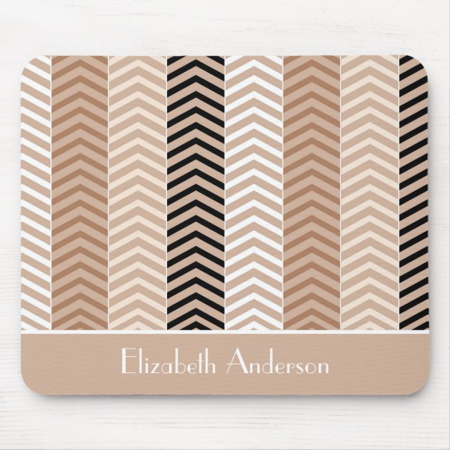 Sophisticated Brown Chevron Stripes With Name Mouse Mat (Front)
