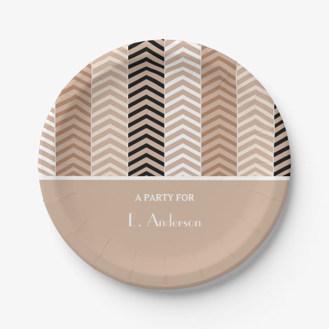 Sophisticated Brown Chevron Stripes With Name Paper Plate (Front)