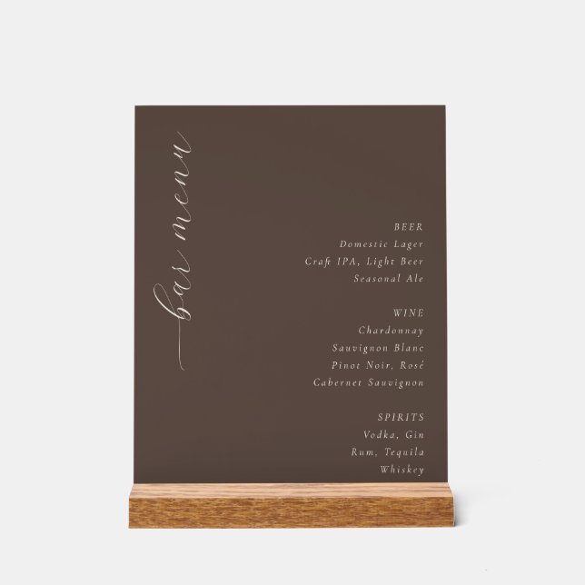 Sophisticated Brown Minimalist Bar Menu Acrylic Sign (Front)