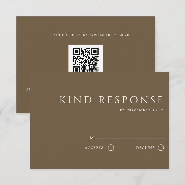Sophisticated Brown QR Code Elegant Wedding RSVP Card (Front/Back)