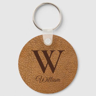 Sophisticated Brown Textured Leather Monogram  Key Ring
