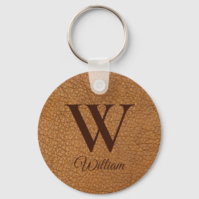 Sophisticated Brown Textured Leather Monogram  Key Ring (Front)