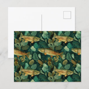 Sophisticated Brown Trout Green Fish Watercolor Postcard