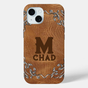 Sophisticated  brown Western Leather monogrammed iPhone 15 Case