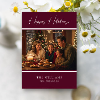 Sophisticated Burgundy Accented Personalised Photo Holiday Card