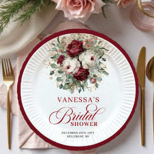 Sophisticated Burgundy Floral Bridal Shower Paper  Plate