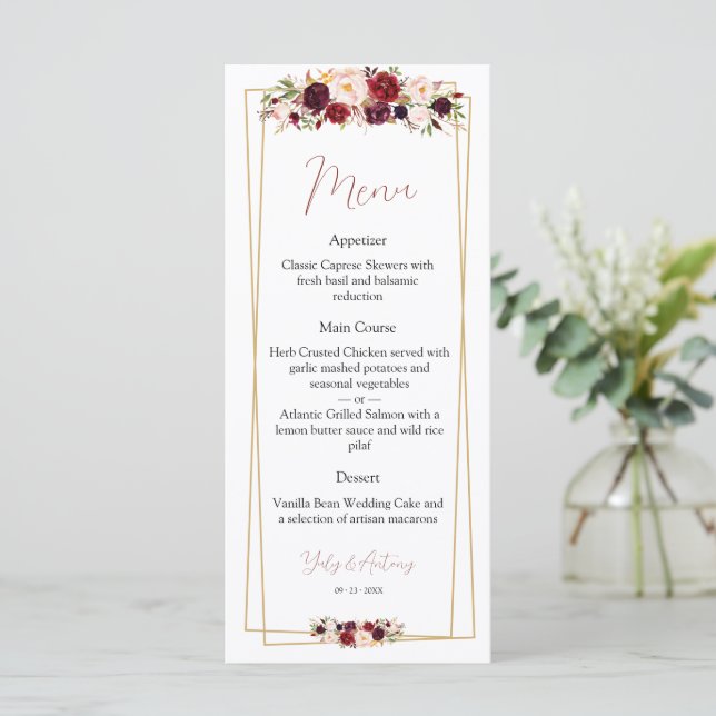 Sophisticated Burgundy Floral Dining Selection Menu (Standing Front)