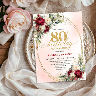 Sophisticated Burgundy Floral Frame 80th Birthday Invitation