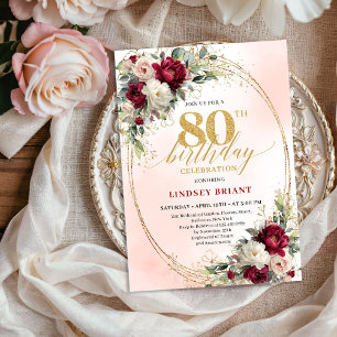Sophisticated Burgundy Floral Gold 80th Birthday Invitation