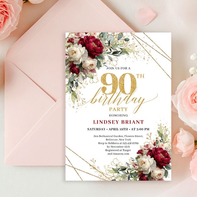 Sophisticated Burgundy Floral Gold 90th Birthday   Invitation (Sophisticated Burgundy Floral Gold 90th Birthday Invite)