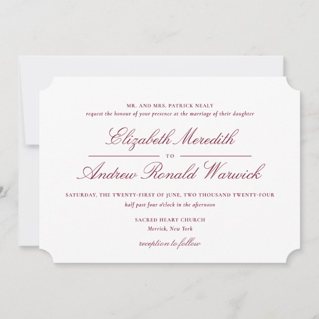 Sophisticated Burgundy Red and White Lace Script  Invitation (Front)