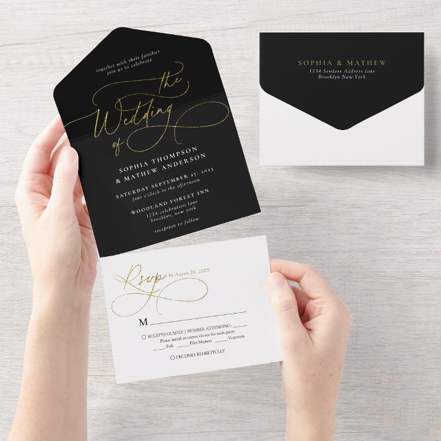 Sophisticated Calligraphy Black Gold White Wedding All In One Invitation (Creator Uploaded)