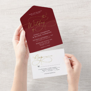 Sophisticated Calligraphy Burgundy Gold Wedding All In One Invitation